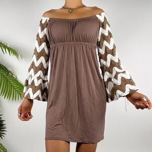 Vintage Brown Boho Cottagecore Fairy Grunge Crochet Bell Sleeve Mini Dress / XS